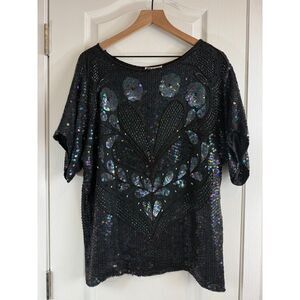 VTG Pete's Black Silk Multicolor Sequin Beaded Short Sleeve Blouse Top Women's M